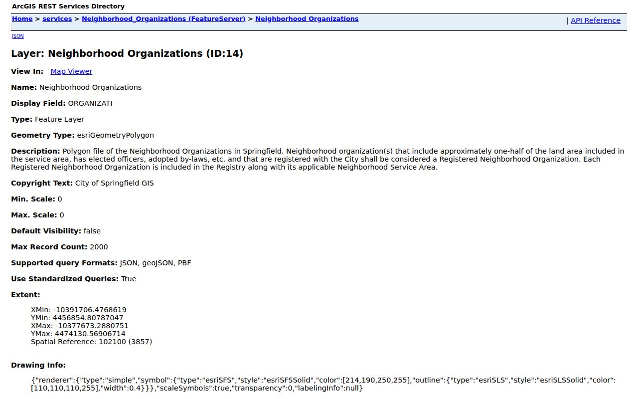 ArcGIS service layer for registered Springfield neighborhood organizations